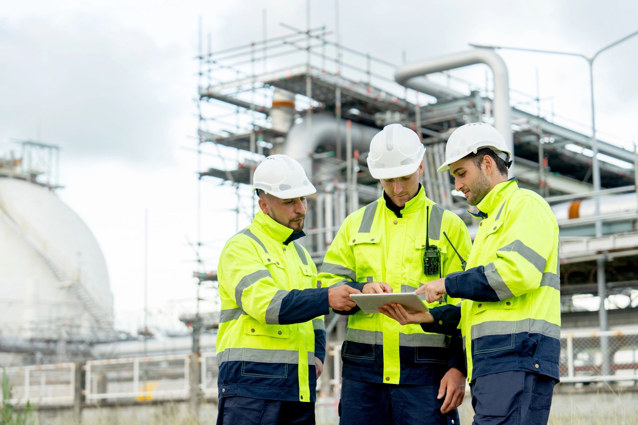 Construction professionals discussing work in front of an industrial facility